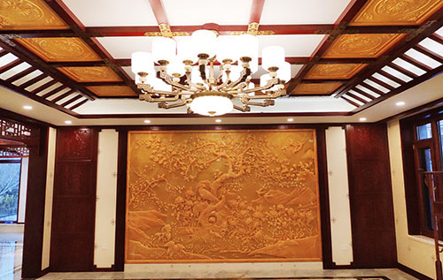 大茂镇中式别墅客厅中式木作横梁吊顶装饰展示